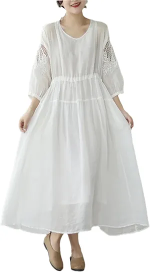 Women Vintage Solid 3/4 Sleeve Dresses A-Line Casual Midi Dress Femme Robe