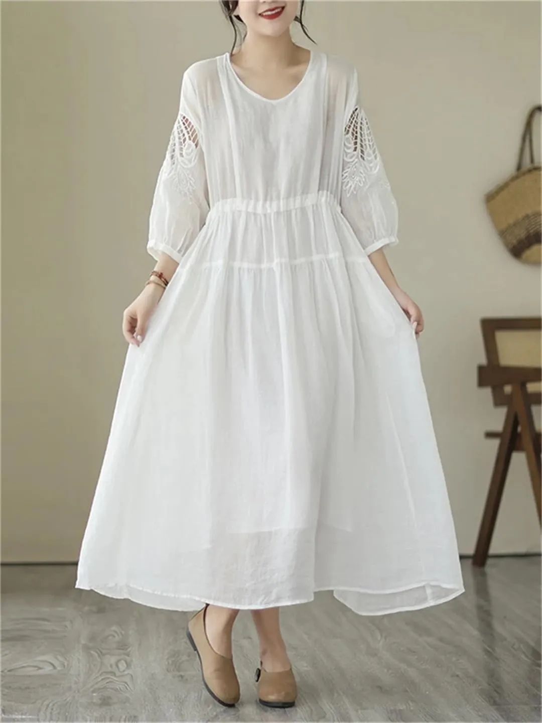 Women Vintage Solid 3/4 Sleeve Dresses A-Line Casual Midi Dress Femme Robe