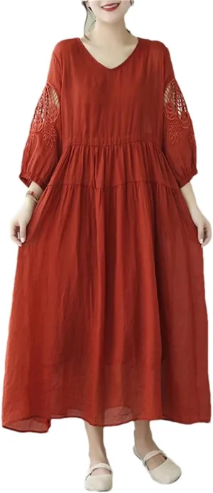 Women Vintage Solid 3/4 Sleeve Dresses A-Line Casual Midi Dress Femme Robe
