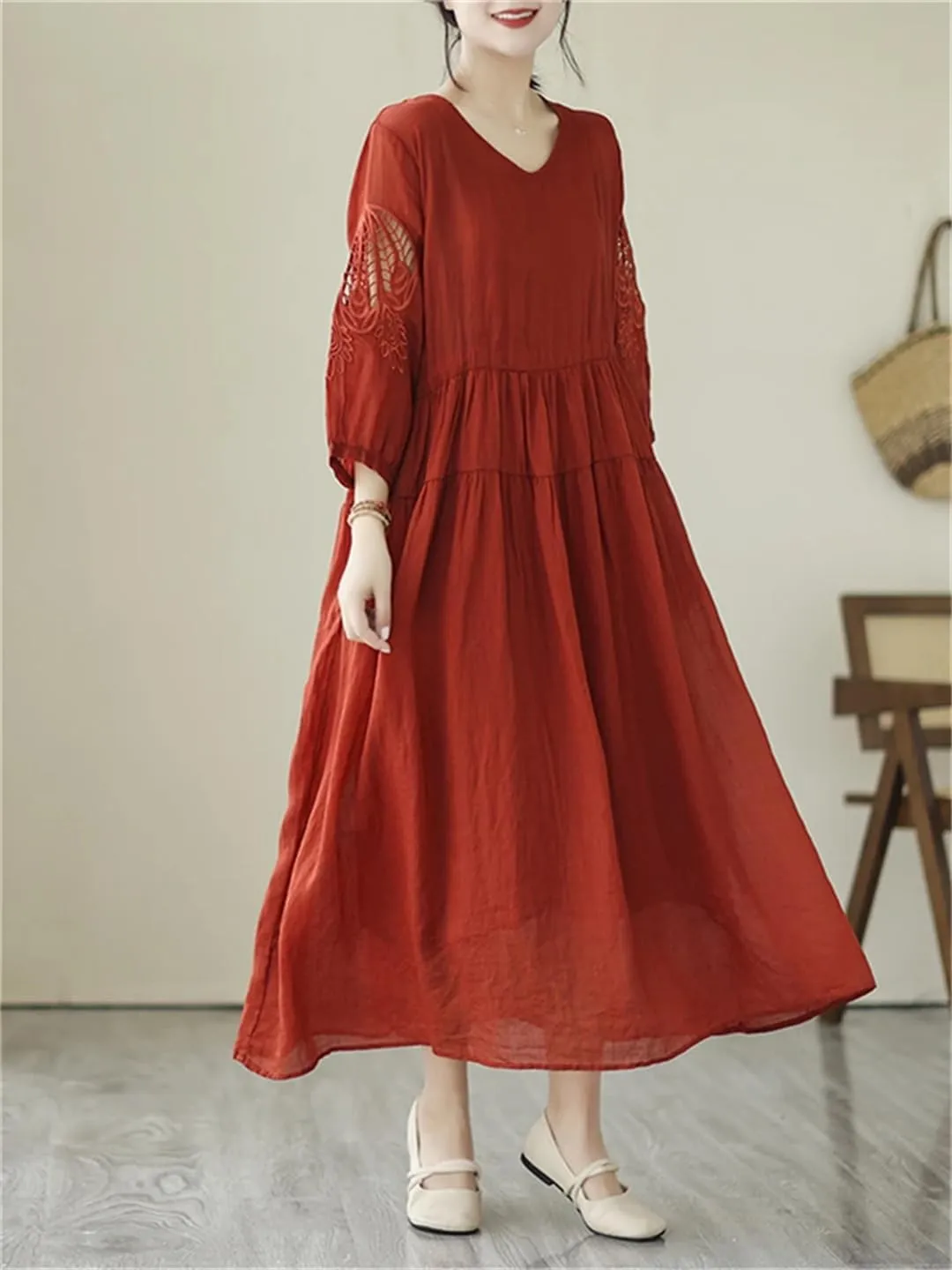 Women Vintage Solid 3/4 Sleeve Dresses A-Line Casual Midi Dress Femme Robe