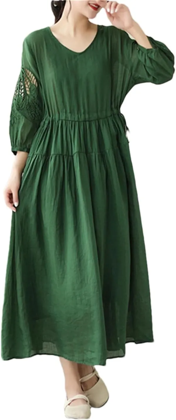 Women Vintage Solid 3/4 Sleeve Dresses A-Line Casual Midi Dress Femme Robe