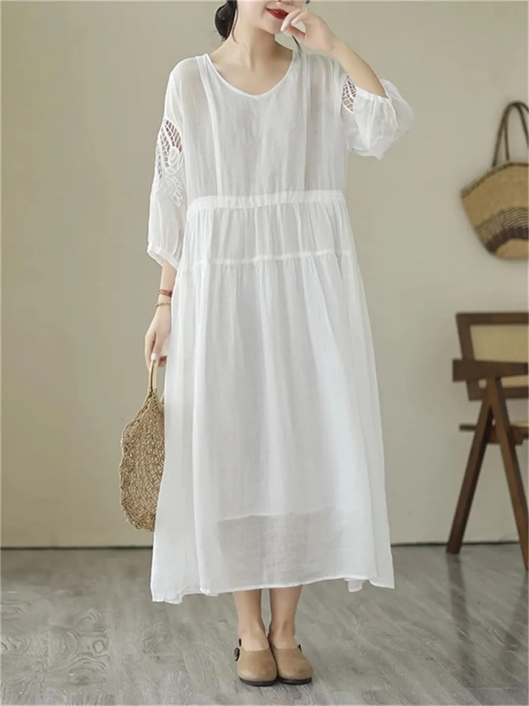 Women Vintage Solid 3/4 Sleeve Dresses A-Line Casual Midi Dress Femme Robe