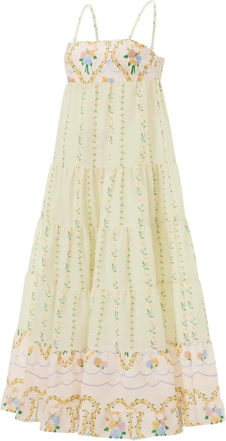 Women Y2K Floral Long Dress Fairycore Spaghetti Strap Square Neck Maxi Dress Cute Cocktail Party Ruffle Flowy Dresses