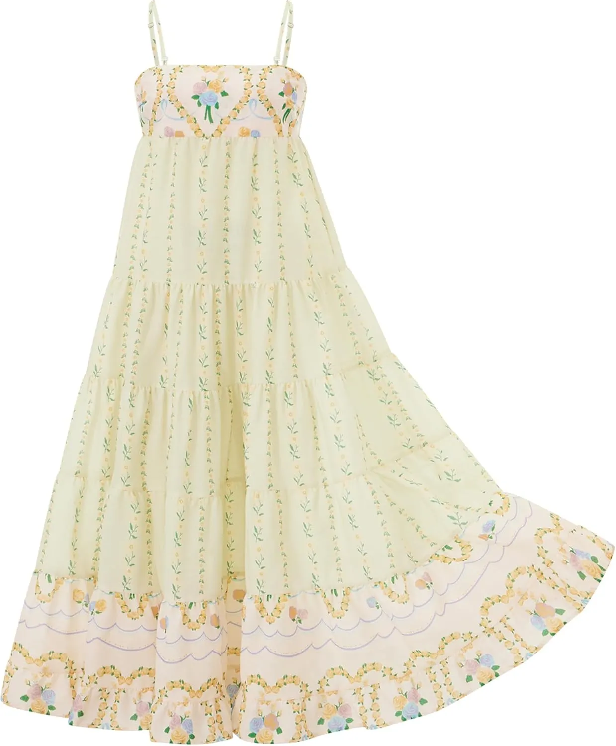 Women Y2K Floral Long Dress Fairycore Spaghetti Strap Square Neck Maxi Dress Cute Cocktail Party Ruffle Flowy Dresses