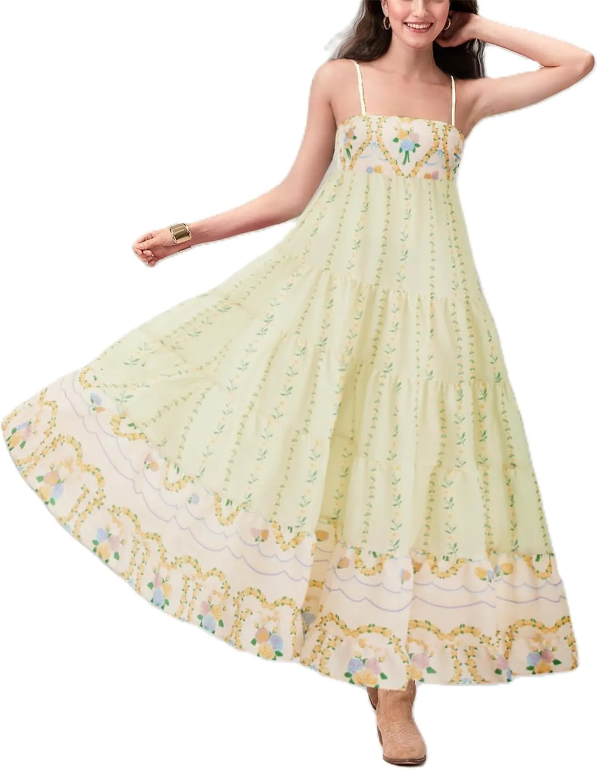 Women Y2K Floral Long Dress Fairycore Spaghetti Strap Square Neck Maxi Dress Cute Cocktail Party Ruffle Flowy Dresses