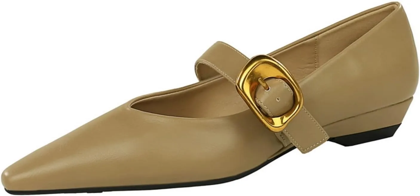 Women's 1 Inch Pointy Toe Mary Janes Flats One Strap Buckle Cute Leather Ballet Flat Shoes for Women Low Heeled Wedge Slip On Solid Work Flats Dress Comfortable