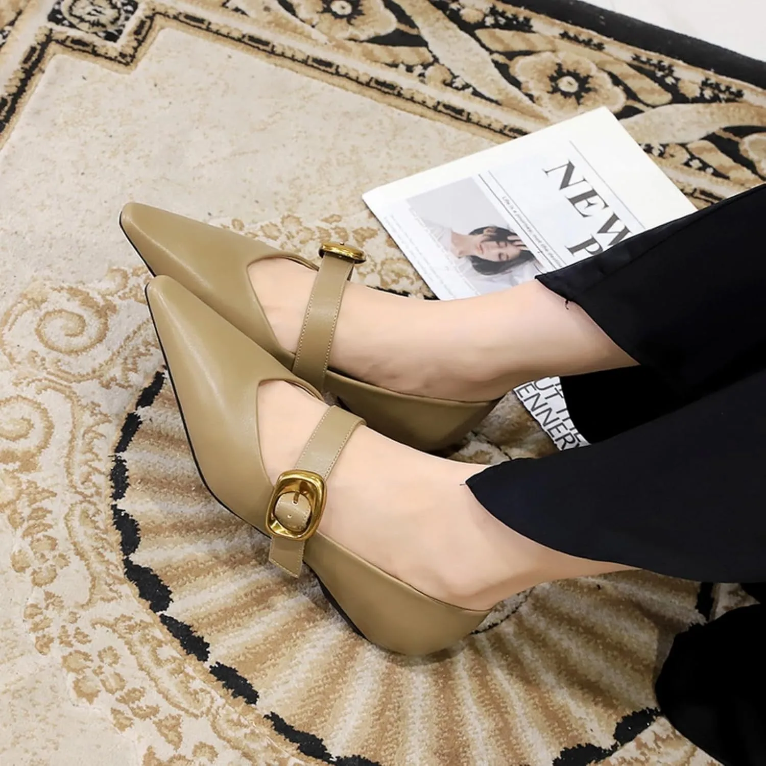 Women's 1 Inch Pointy Toe Mary Janes Flats One Strap Buckle Cute Leather Ballet Flat Shoes for Women Low Heeled Wedge Slip On Solid Work Flats Dress Comfortable