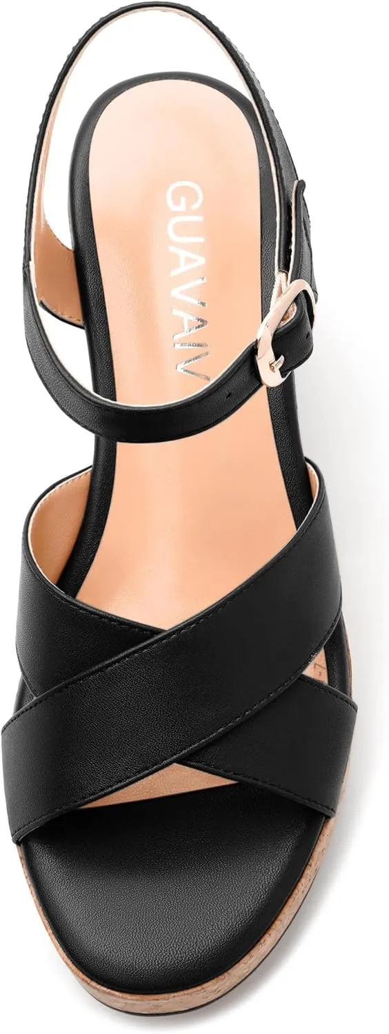 Women's 3-Inch Wedge Heeled Sandals - Chunky Platform with Adjustable Ankle Strap, Round Toe Solid Color for Work, Parties & Date Nights