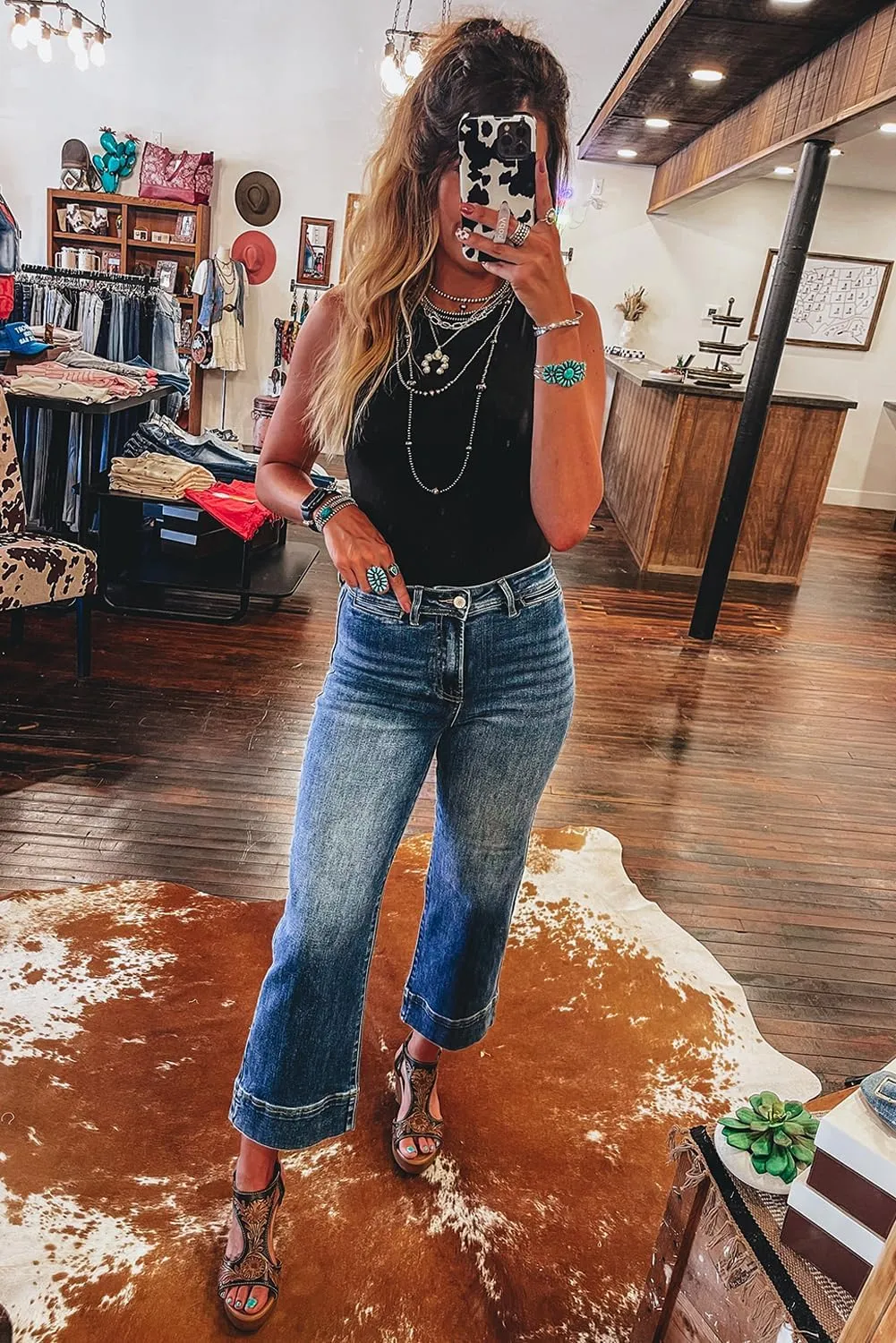 Women's Ashleigh Blue Mineral Wash High Waist Bell Bottom Crop Jeans for a Retro Look