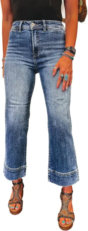 Women's Ashleigh Blue Mineral Wash High Waist Bell Bottom Crop Jeans for a Retro Look