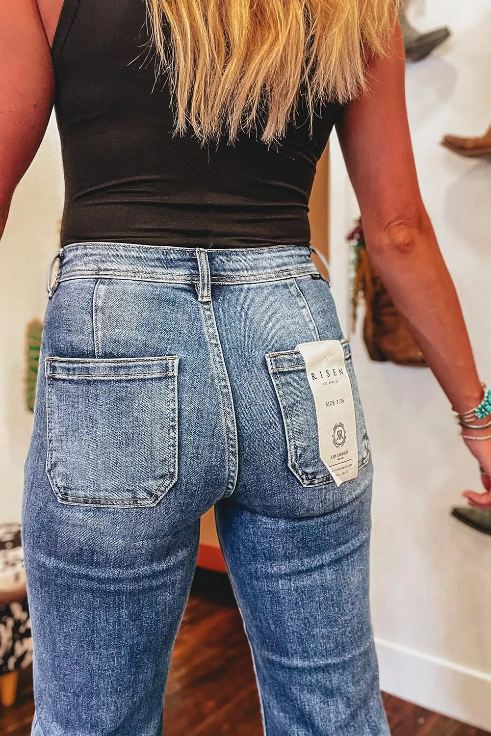 Women's Ashleigh Blue Mineral Wash High Waist Bell Bottom Crop Jeans for a Retro Look