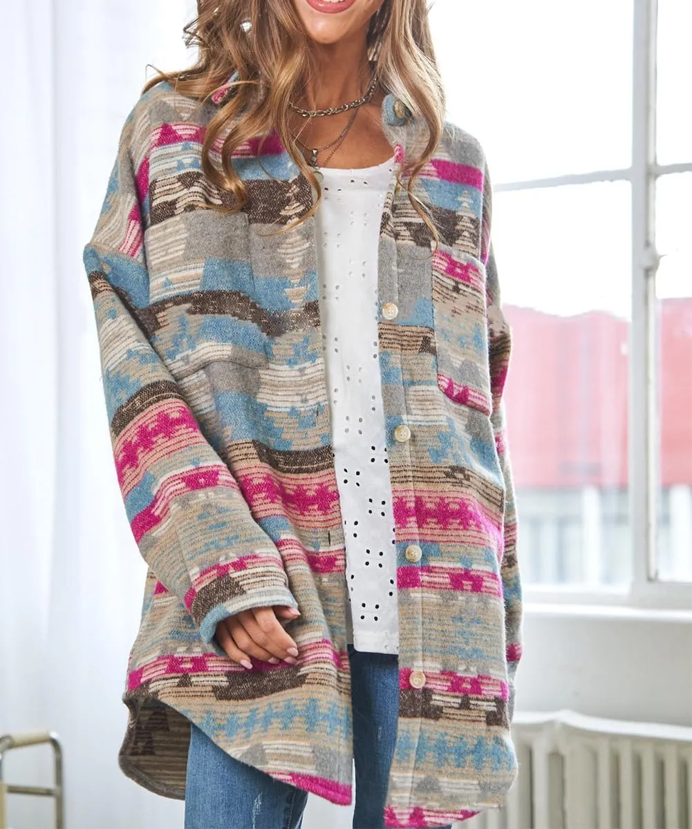 Women's Aztec Print Jacket Retro Lapel Button Pocketed Tribal Shirt Jackets Shacket
