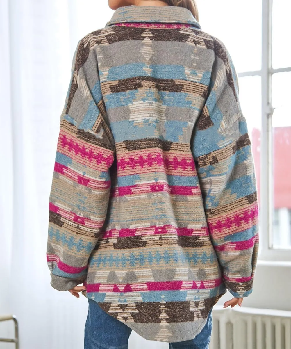 Women's Aztec Print Jacket Retro Lapel Button Pocketed Tribal Shirt Jackets Shacket