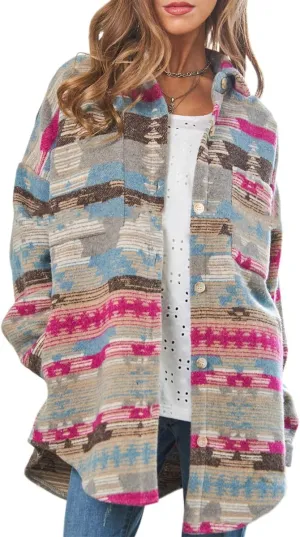 Women's Aztec Print Jacket Retro Lapel Button Pocketed Tribal Shirt Jackets Shacket