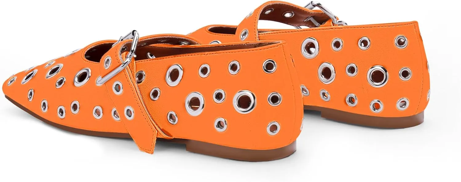 Women's Ballet Flats Studded Metal Eyelet Buckle Perforated Mary Jane Shoes