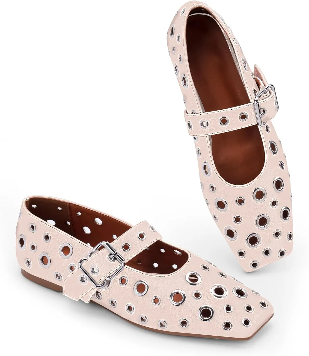 Women's Ballet Flats Studded Metal Eyelet Buckle Perforated Mary Jane Shoes