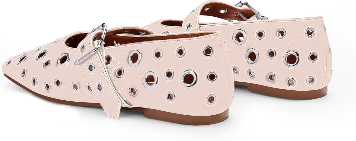 Women's Ballet Flats Studded Metal Eyelet Buckle Perforated Mary Jane Shoes