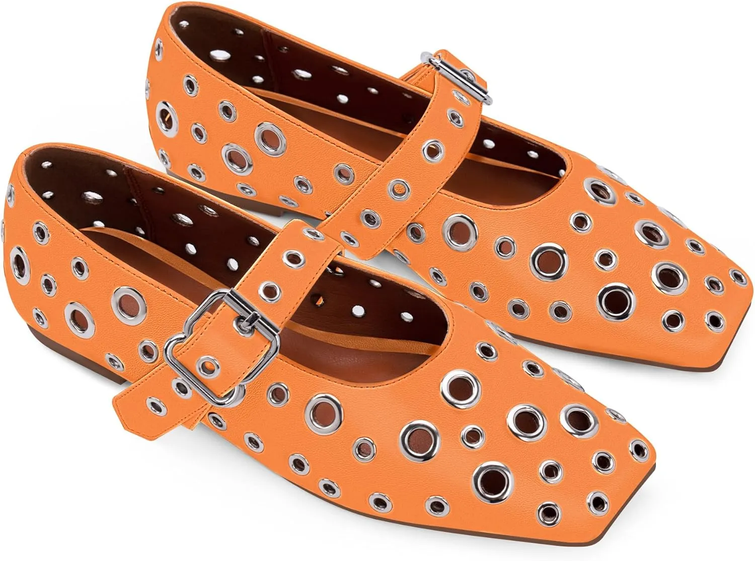 Women's Ballet Flats Studded Metal Eyelet Buckle Perforated Mary Jane Shoes