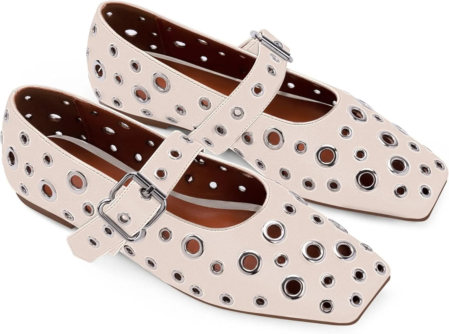 Women's Ballet Flats Studded Metal Eyelet Buckle Perforated Mary Jane Shoes