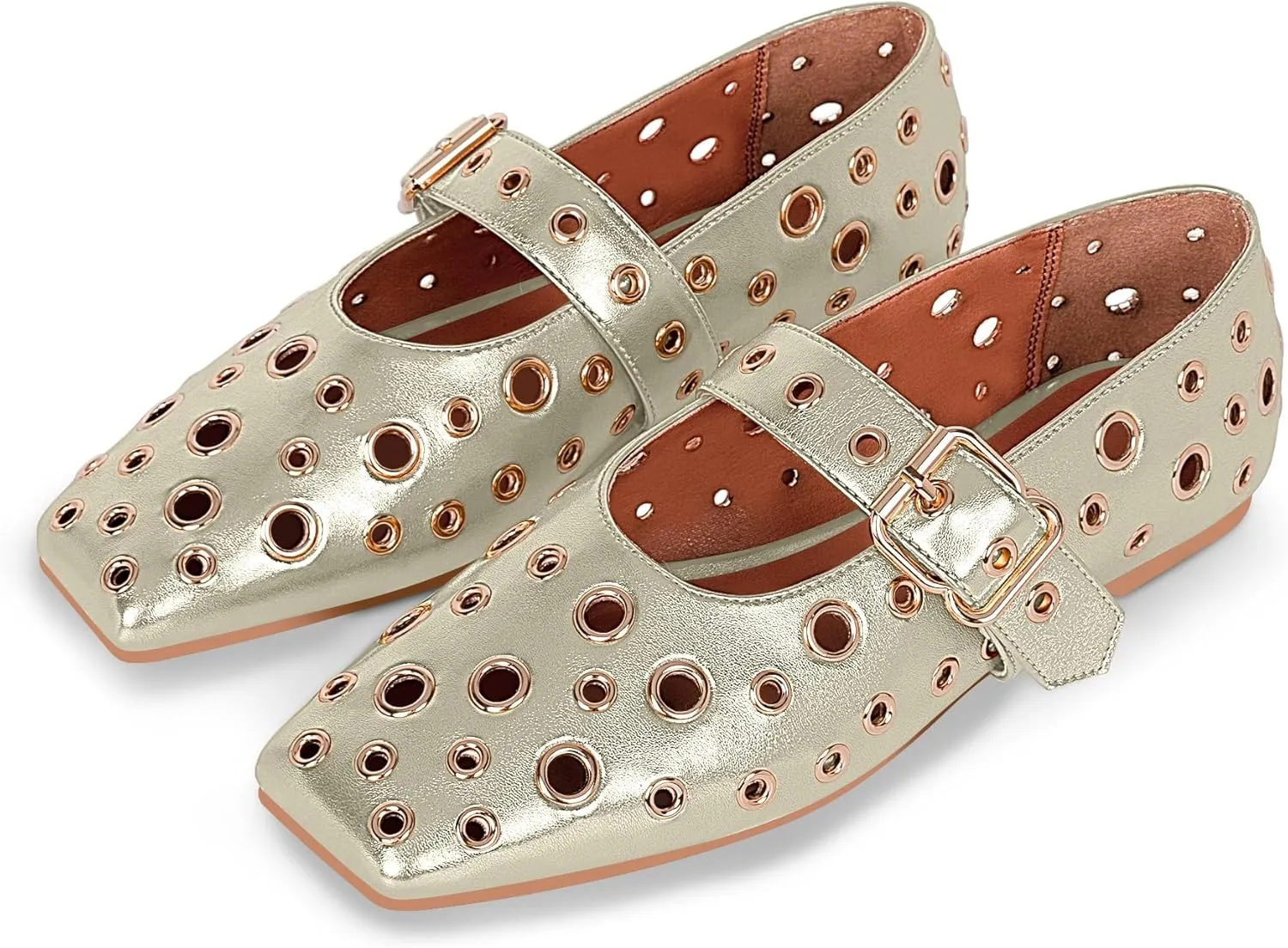 Women's Ballet Flats Studded Metal Eyelet Buckle Perforated Mary Jane Shoes