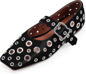 Women's Ballet Flats Studded Metal Eyelet Buckle Perforated Mary Jane Shoes