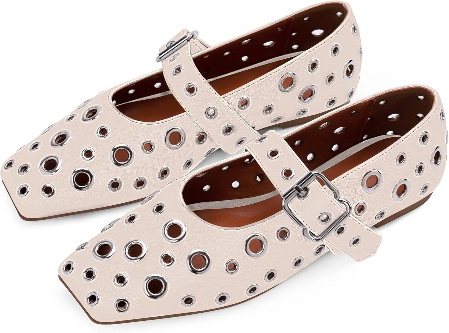 Women's Ballet Flats Studded Metal Eyelet Buckle Perforated Mary Jane Shoes