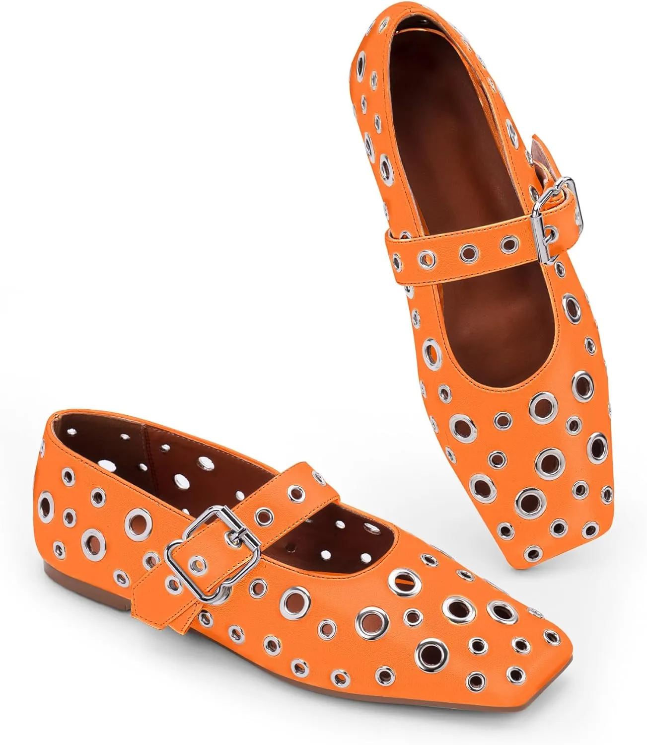 Women's Ballet Flats Studded Metal Eyelet Buckle Perforated Mary Jane Shoes