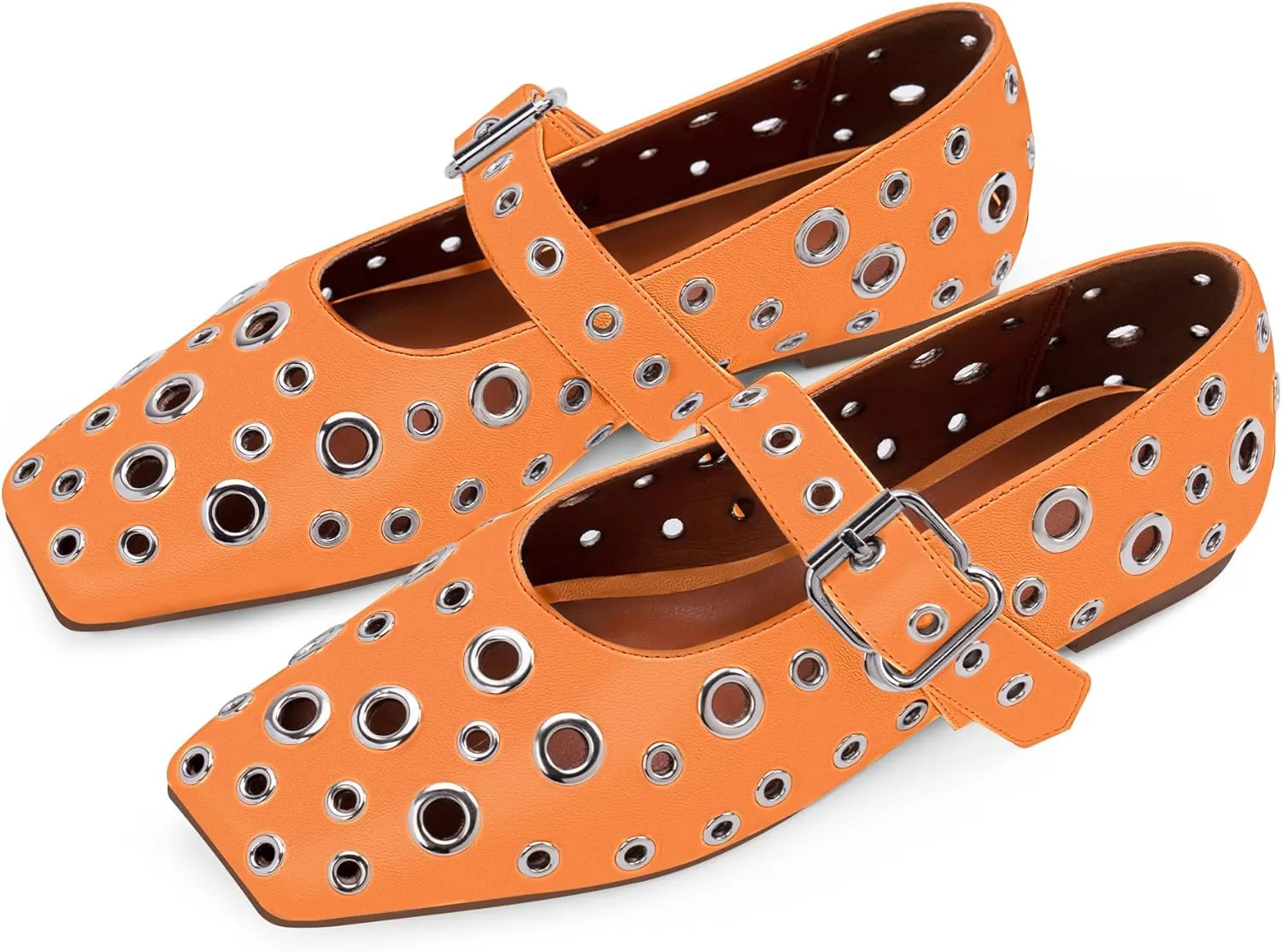 Women's Ballet Flats Studded Metal Eyelet Buckle Perforated Mary Jane Shoes