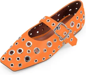 Women's Ballet Flats Studded Metal Eyelet Buckle Perforated Mary Jane Shoes