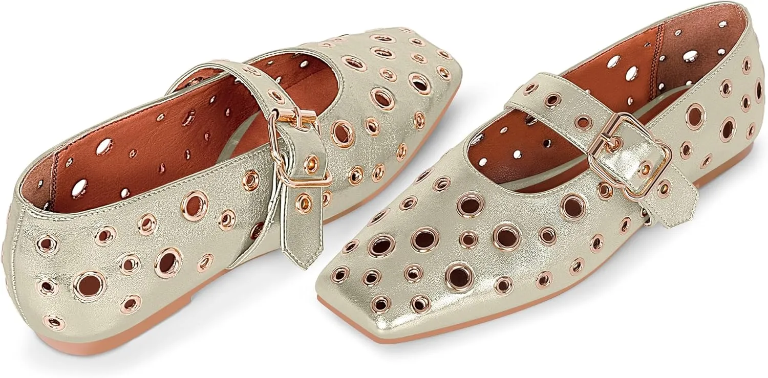 Women's Ballet Flats Studded Metal Eyelet Buckle Perforated Mary Jane Shoes