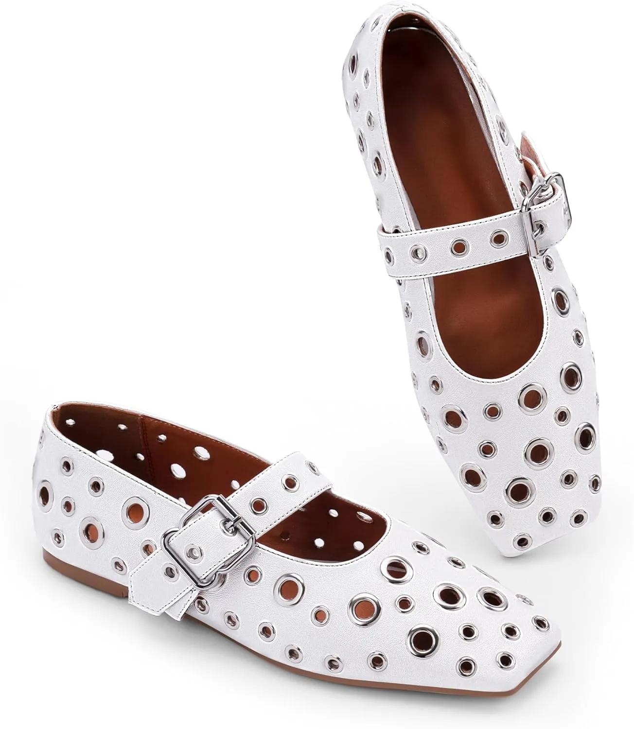 Women's Ballet Flats Studded Metal Eyelet Buckle Perforated Mary Jane Shoes