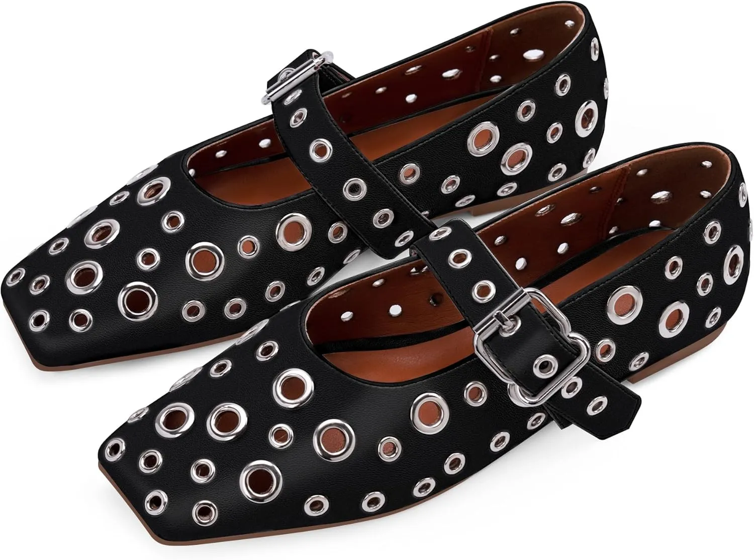 Women's Ballet Flats Studded Metal Eyelet Buckle Perforated Mary Jane Shoes