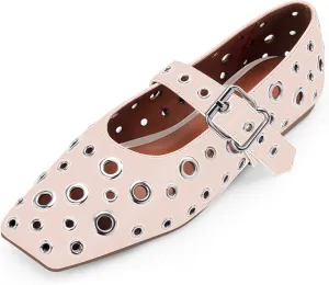 Women's Ballet Flats Studded Metal Eyelet Buckle Perforated Mary Jane Shoes