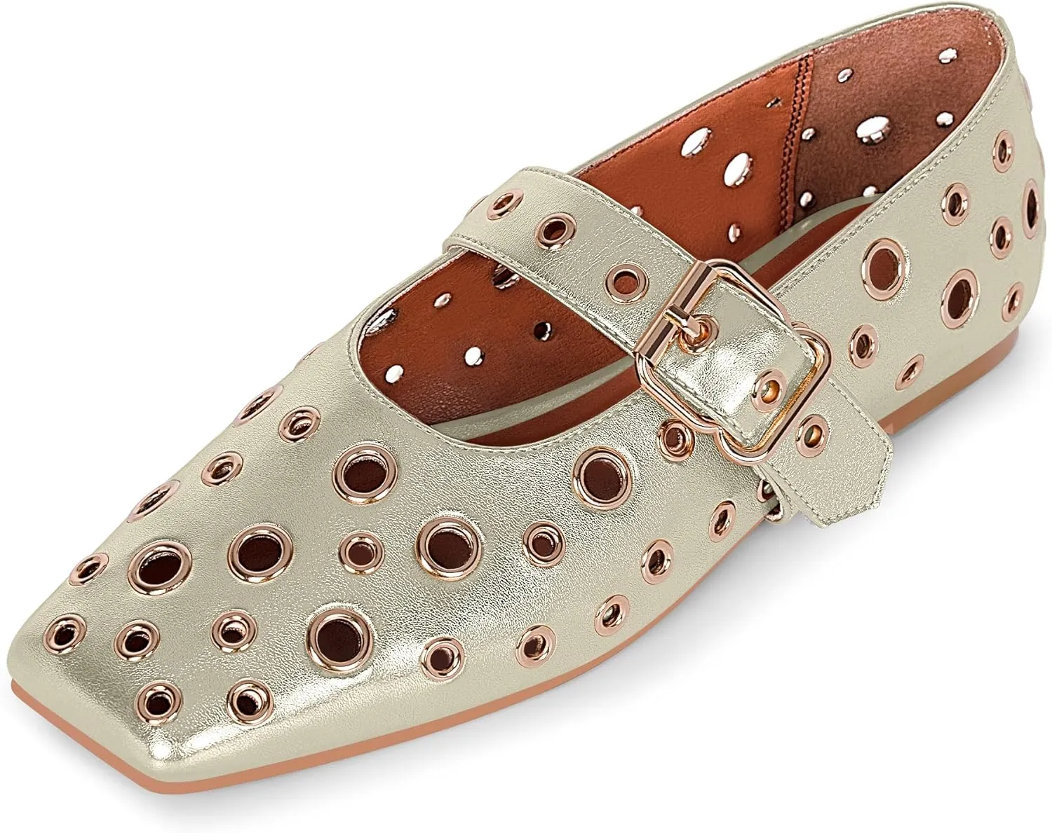 Women's Ballet Flats Studded Metal Eyelet Buckle Perforated Mary Jane Shoes