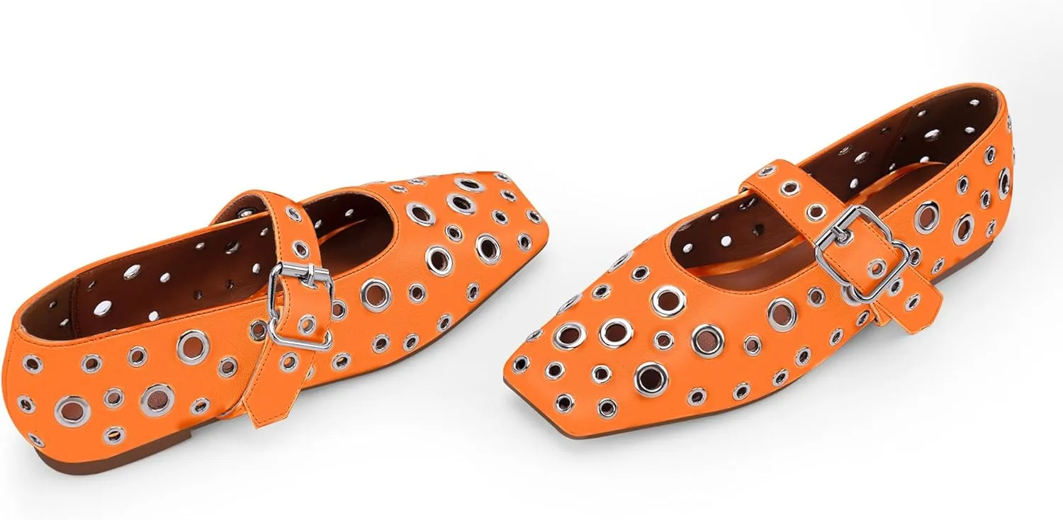 Women's Ballet Flats Studded Metal Eyelet Buckle Perforated Mary Jane Shoes
