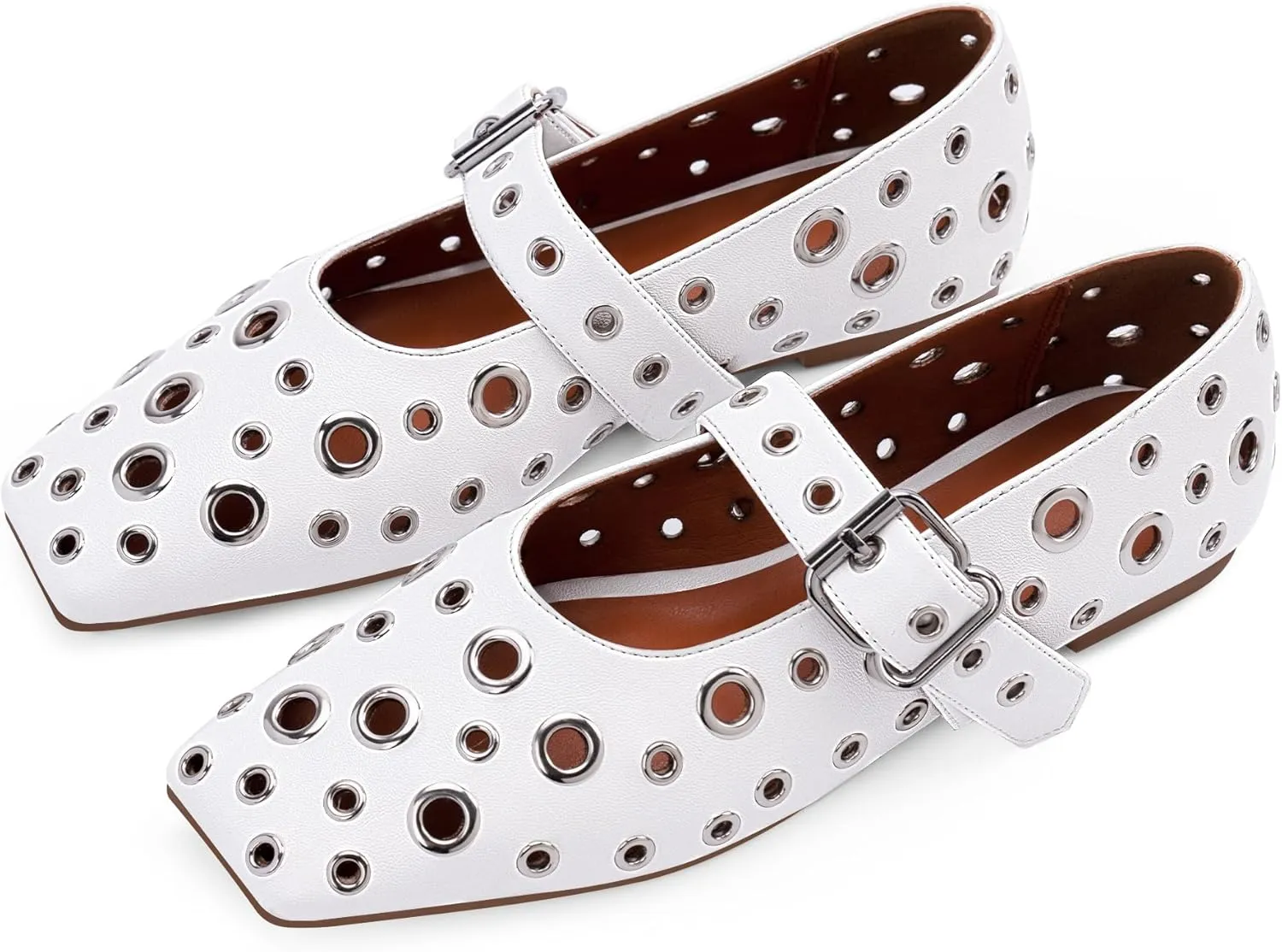 Women's Ballet Flats Studded Metal Eyelet Buckle Perforated Mary Jane Shoes