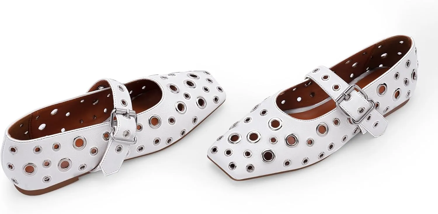 Women's Ballet Flats Studded Metal Eyelet Buckle Perforated Mary Jane Shoes