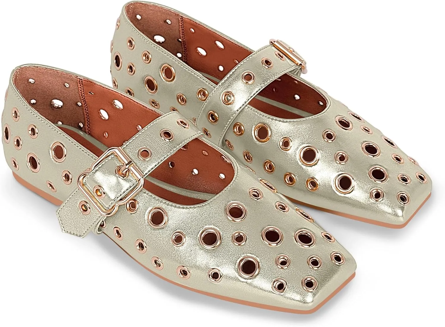 Women's Ballet Flats Studded Metal Eyelet Buckle Perforated Mary Jane Shoes