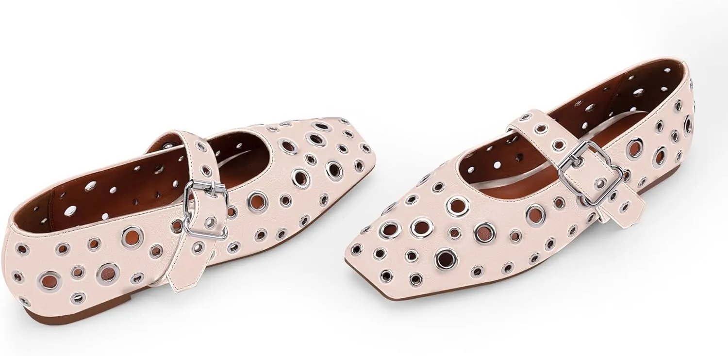 Women's Ballet Flats Studded Metal Eyelet Buckle Perforated Mary Jane Shoes