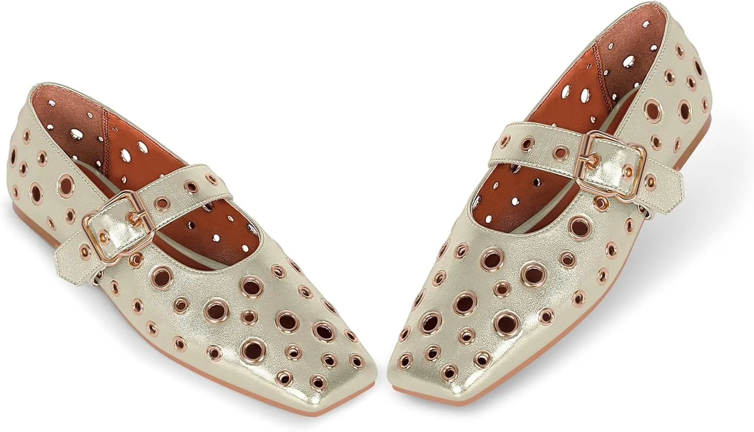 Women's Ballet Flats Studded Metal Eyelet Buckle Perforated Mary Jane Shoes