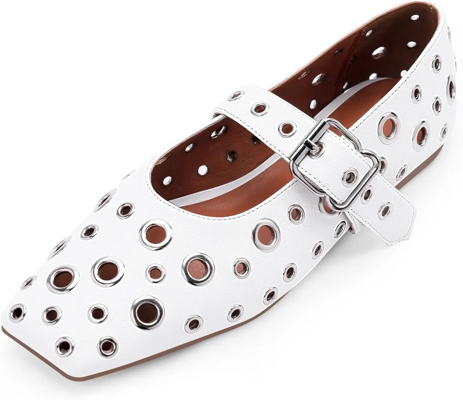 Women's Ballet Flats Studded Metal Eyelet Buckle Perforated Mary Jane Shoes