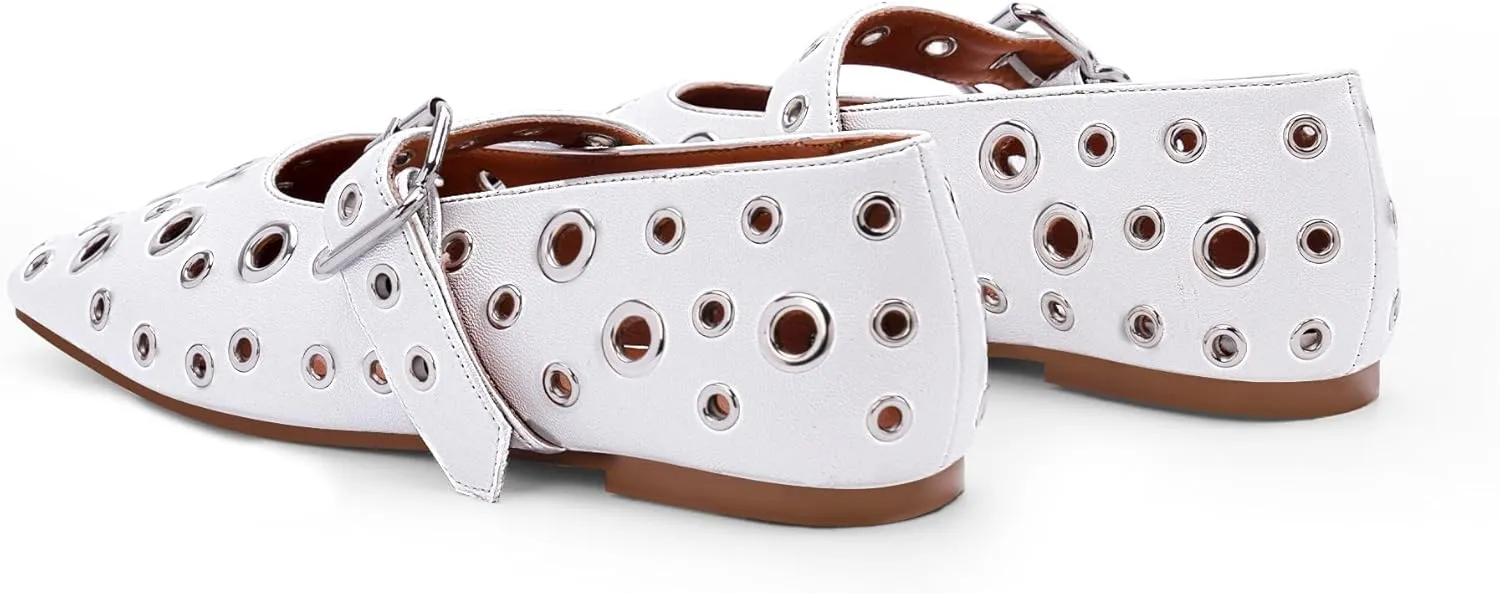 Women's Ballet Flats Studded Metal Eyelet Buckle Perforated Mary Jane Shoes