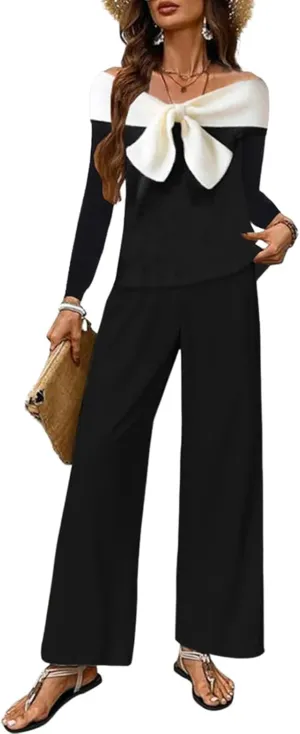 Women's Black and White Two Piece Set Summer Sexy Suits off the Shoulder Top Wide Leg Pants Elegant Lounge Clothes