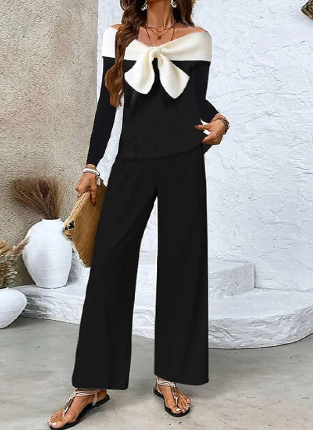 Women's Black and White Two Piece Set Summer Sexy Suits off the Shoulder Top Wide Leg Pants Elegant Lounge Clothes