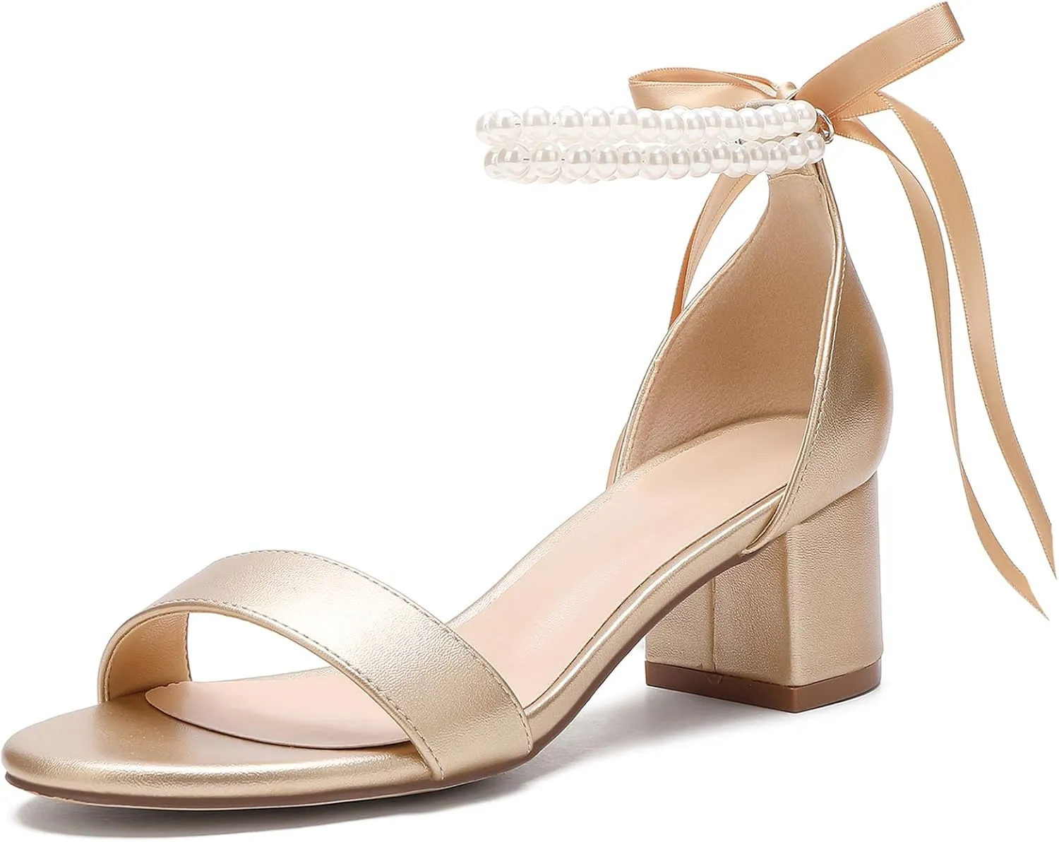 Women's Block Heels Pearl Wedding Shoes for Bride, Open Toe Chunky Low Heel Bridal Shoes