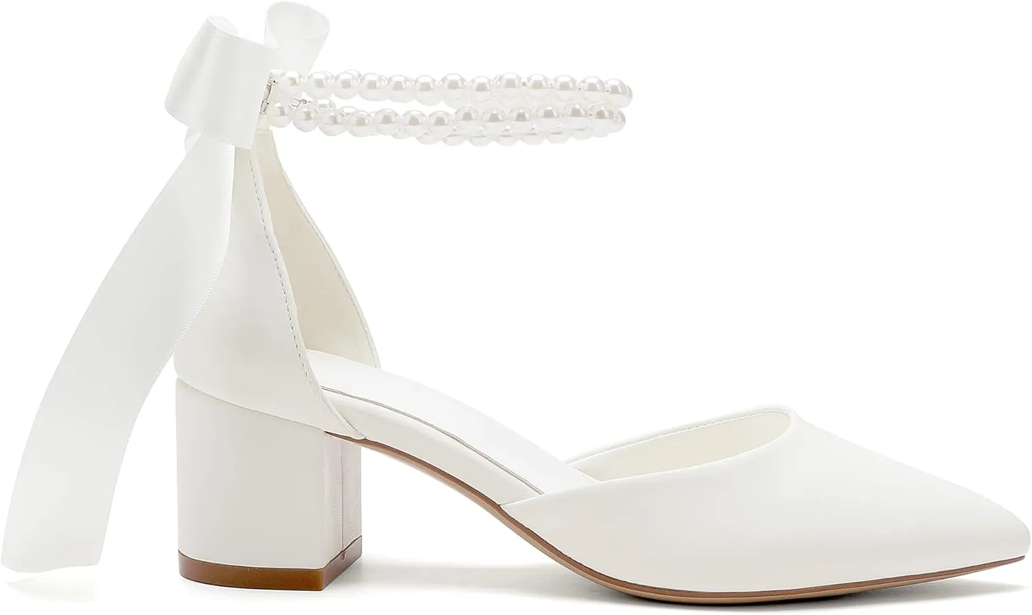 Women's Block Heels Wedding Shoes,Pearl Satin Pumps Heel for Women,Low Chunky Sandals Ankle Strap Wedding Dress Pump Shoes Sandals