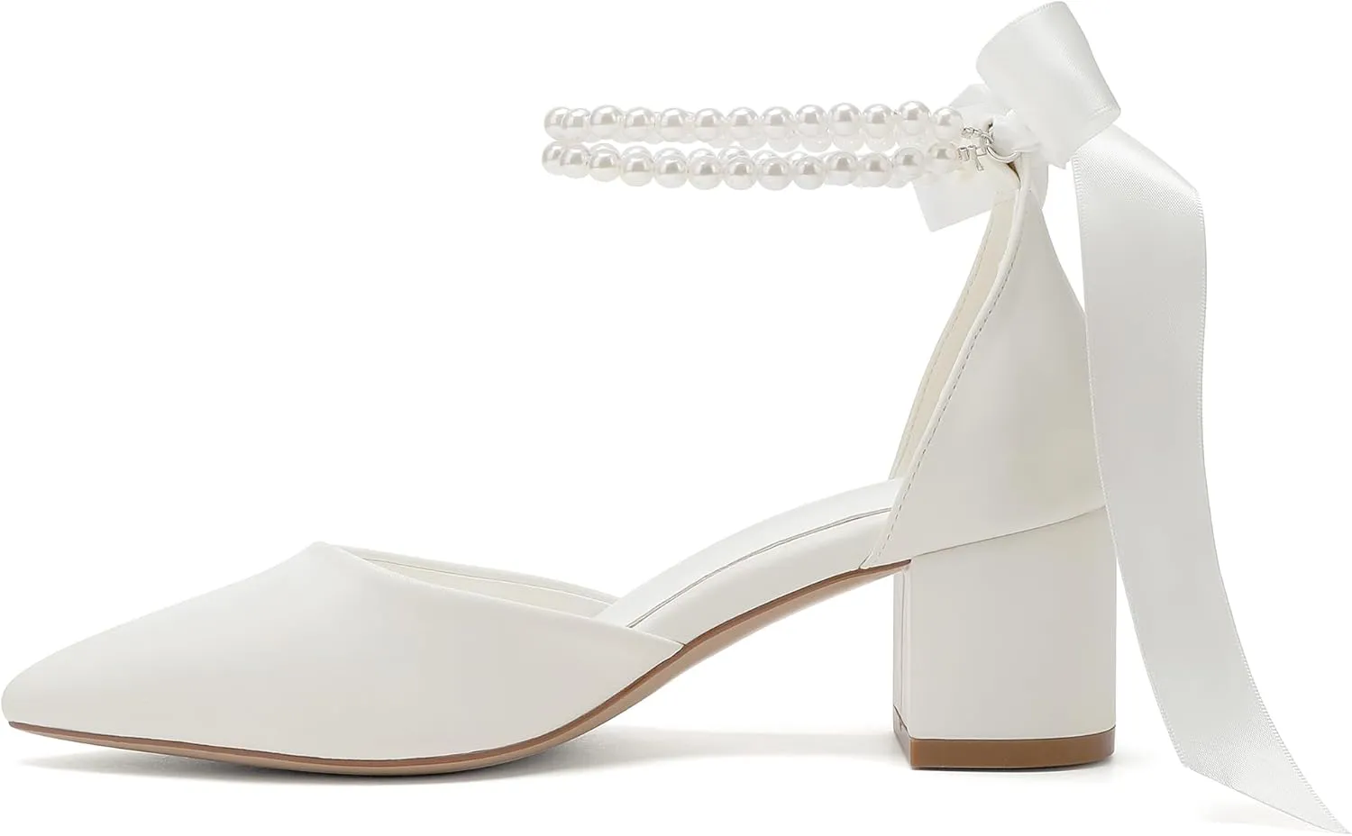 Women's Block Heels Wedding Shoes,Pearl Satin Pumps Heel for Women,Low Chunky Sandals Ankle Strap Wedding Dress Pump Shoes Sandals