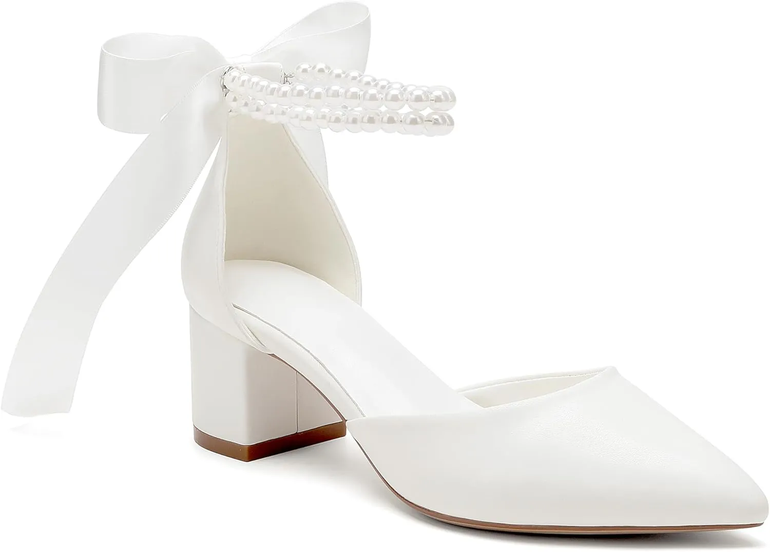 Women's Block Heels Wedding Shoes,Pearl Satin Pumps Heel for Women,Low Chunky Sandals Ankle Strap Wedding Dress Pump Shoes Sandals