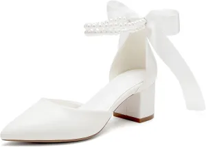 Women's Block Heels Wedding Shoes,Pearl Satin Pumps Heel for Women,Low Chunky Sandals Ankle Strap Wedding Dress Pump Shoes Sandals