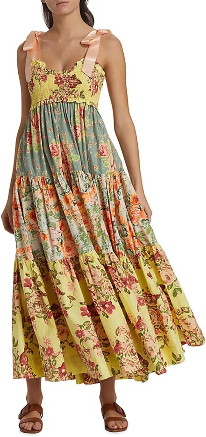 Women's Boho Tie Shoulder Dress Y2k Floral Long Flowy Maxi Dresses Cute Summer Smocked Picnic Beach Cami Sundress